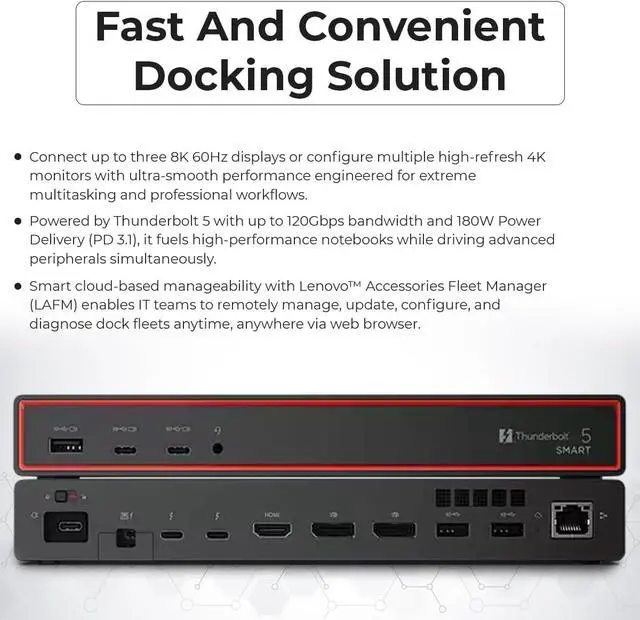 Alt view image 6 of 7 - Lenovo 40BA0265US Thunderbolt 4 Docking Station 40Gbps 100W USB Power Delivery with 135W Adapter, HDMI, DisplayPort, Thunderbolt Cables & Cloth - Docking Station