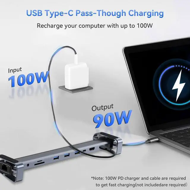 Alt view image 7 of 7 - 10-in-1 USB-C Laptop Docking Station with Adjustable Stand, 100W Power Delivery, 4K HDMI, Gigabit Ethernet, SD/TF Card Reader, 3 USB 3.0 Ports (Silver)