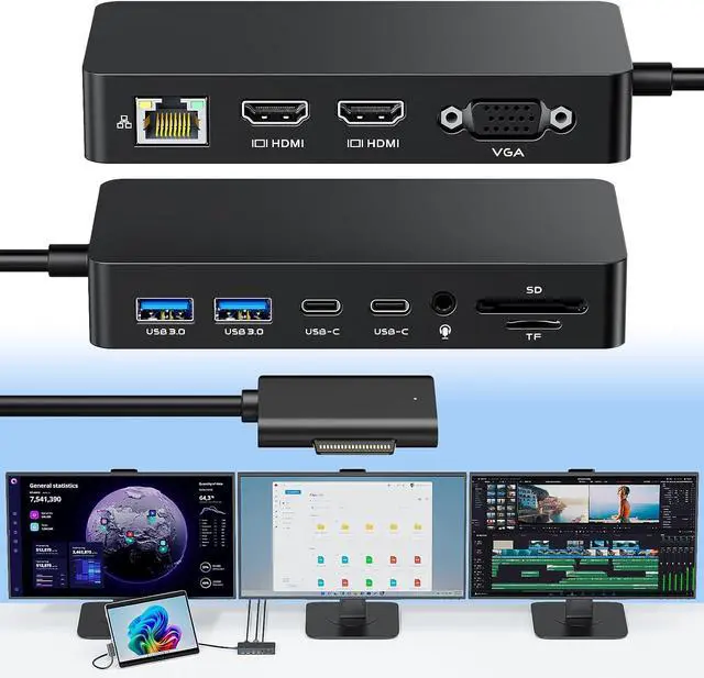 Main image of Microsoft Surface Dock with Power Supply 12-in-1 Surface Pro Docking Station with Three Displays (2*HDMI + VGA) for Microsoft Surface Pro 12/11/10/9/8/X/7/6, Surface Laptop, Surface Go