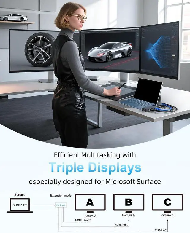 Alt view image 4 of 7 - Microsoft Surface Dock with Power Supply 12-in-1 Surface Pro Docking Station with Three Displays (2*HDMI + VGA) for Microsoft Surface Pro 12/11/10/9/8/X/7/6, Surface Laptop, Surface Go
