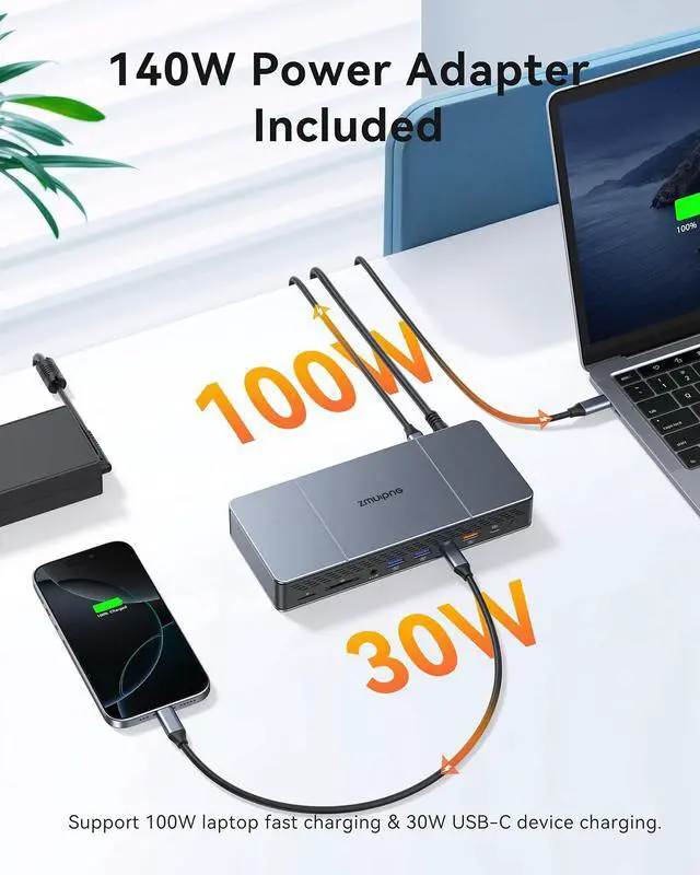 Alt view image 7 of 7 - DisplayLink Docking Station 3 Monitors for MacBook M4/M3/M2/M1/USB-C Laptop Windows (DisplayLink Driver Required), 18-in-1 Mac Dock with 140W Power Adapter, 3 HDMI and 2 DP, 2 USB-C 3.2 and USB-A 3.1