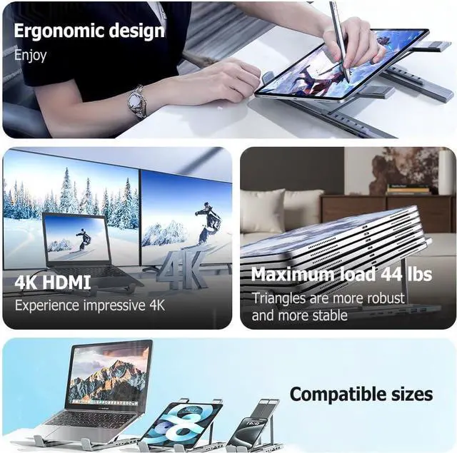 Alt view image 2 of 7 - 8-in-1 USB-C Laptop Stand & Docking Station | 4K, 2x USB-A 3.0, 2x USB-C, 100W PD Input, SD/TF Card Reader