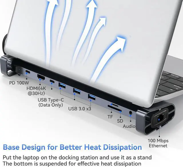 Alt view image 2 of 7 - 10-in-1 USB-C Laptop Docking Station with Adjustable Stand, 100W Power Delivery, 4K HDMI, Gigabit Ethernet, SD/TF Card Reader, 3 USB 3.0 Ports (Silver)