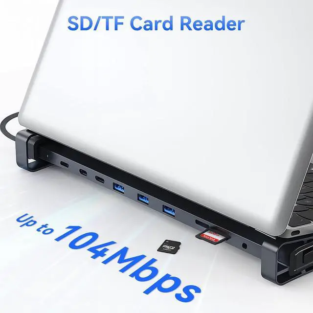 Alt view image 5 of 7 - 10-in-1 USB-C Laptop Docking Station with Adjustable Stand, 100W Power Delivery, 4K HDMI, Gigabit Ethernet, SD/TF Card Reader, 3 USB 3.0 Ports (Silver)