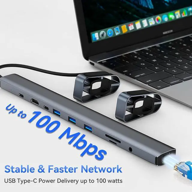 Alt view image 6 of 7 - 10-in-1 USB-C Laptop Docking Station with Adjustable Stand, 100W Power Delivery, 4K HDMI, Gigabit Ethernet, SD/TF Card Reader, 3 USB 3.0 Ports (Silver)