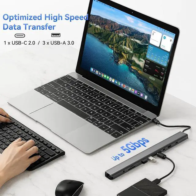 Alt view image 4 of 7 - 10-in-1 USB-C Laptop Docking Station with Adjustable Stand, 100W Power Delivery, 4K HDMI, Gigabit Ethernet, SD/TF Card Reader, 3 USB 3.0 Ports (Silver)