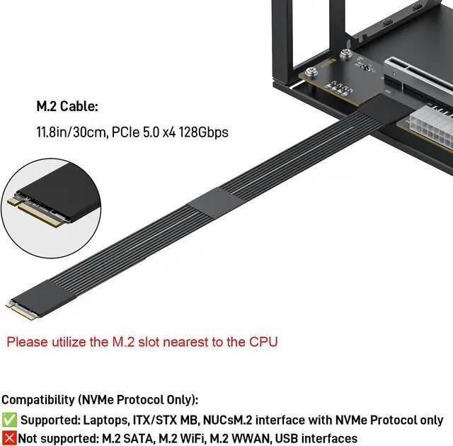 Alt view image 2 of 6 - OwlTree PCIe 5.0 x4 128Gbps eGPU Dock, for 50 Series Graphics Cards, M.2 NVME to PCIe x16 Riser Cable 30cm, Supports Standard ATX Power Supply & External GPU for Mini PC NUC Laptop