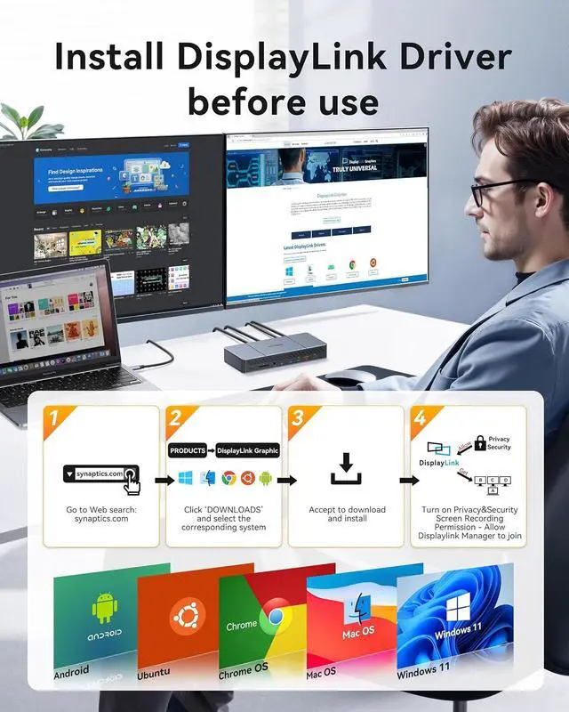 Alt view image 3 of 7 - DisplayLink Docking Station 3 Monitors for MacBook M4/M3/M2/M1/USB-C Laptop Windows (DisplayLink Driver Required), 18-in-1 Mac Dock with 140W Power Adapter, 3 HDMI and 2 DP, 2 USB-C 3.2 and USB-A 3.1