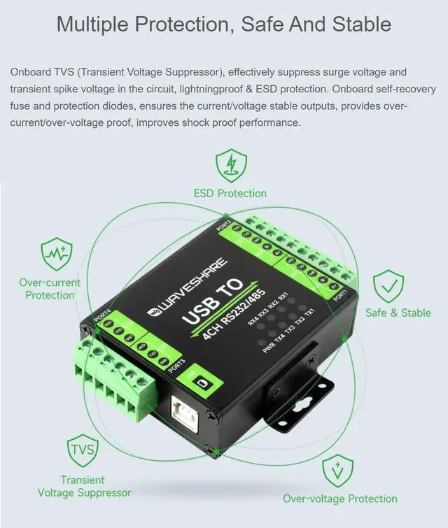 Alt view image 6 of 7 - TUOPUONE Industrial Isolated USB to RS232/485 Converter, Original FT4232HL Chip, Supports USB to 2-Ch RS232 + 2-Ch RS232/485, Wall-Mount & Rail-Mount Support (USB to 4CH RS232/485)