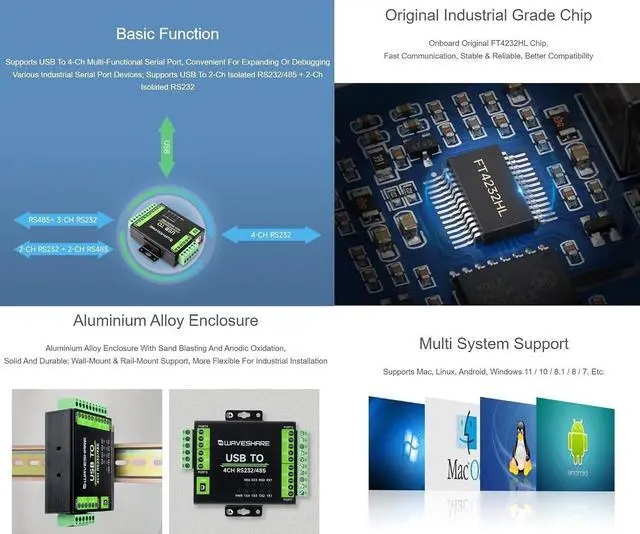 Alt view image 4 of 7 - TUOPUONE Industrial Isolated USB to RS232/485 Converter, Original FT4232HL Chip, Supports USB to 2-Ch RS232 + 2-Ch RS232/485, Wall-Mount & Rail-Mount Support (USB to 4CH RS232/485)