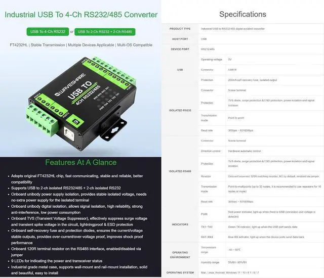 Alt view image 3 of 7 - TUOPUONE Industrial Isolated USB to RS232/485 Converter, Original FT4232HL Chip, Supports USB to 2-Ch RS232 + 2-Ch RS232/485, Wall-Mount & Rail-Mount Support (USB to 4CH RS232/485)