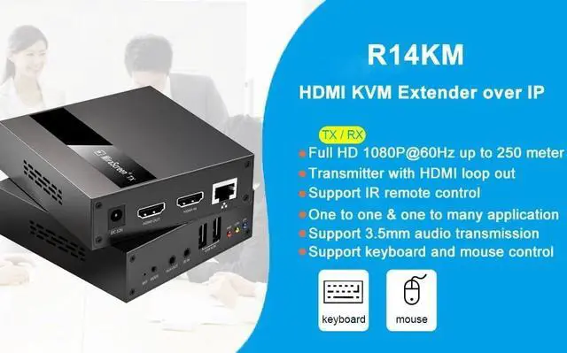 Alt view image 3 of 7 - HDMI KVM Extender Over IP RJ45 Ethernet Network 1080P 60Hz Up to 250M HDMI USB Mouse Keyboard Extender Over UTP/STP CAT5 CAT6 for PC