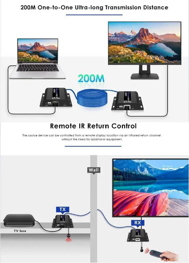 Alt view image 6 of 7 - 4K@60Hz HDMI Extender LKV483, Up to 394ft (120m) Over Ethernet TCP/IP RJ45 Cat5/5e/6 Extender with IR Remote,18Gbps Rate Video Transmitter Receiver Kit for HDTV STB PS3, Supports HDCP 1.4/2.2
