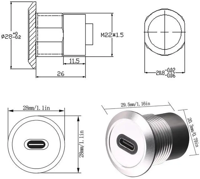Alt view image 5 of 5 - USB USBC Type C Typec Female to Female F-F Panel Mount Extention Round Metal Adapter