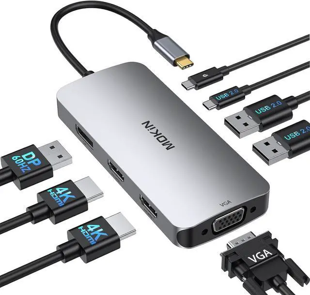 Main image of Docking Station, MOKiN Docking Station 3 Monitors, Displayport, VGA, 100W PD Charging, 2USB A 2.0, USB C 2.0 Ports Multiport Adapter, 8 in 1 USB C Hub for Dell, HP, Lenovo Thinkpad