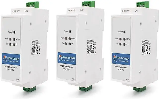 Main image of USR-DR301 DIN-Rail RS232 Serial to Ethernet Converter Tiny Size RS232 Ethernet Serial Device x 3 Sets