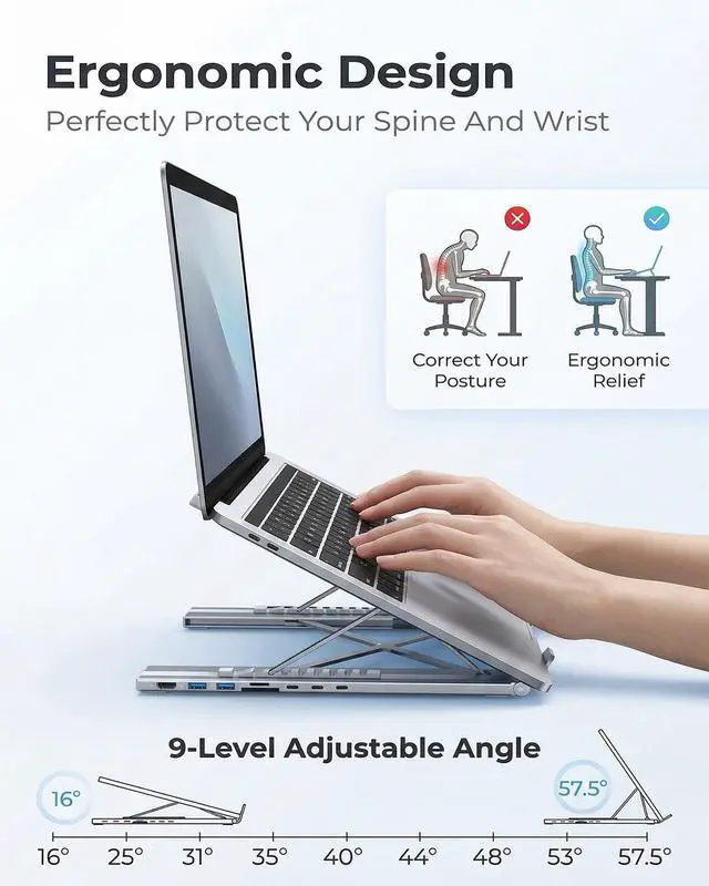 Alt view image 4 of 7 - USB-C Docking Station Laptop Stand with 4K HDMI, Universal Dual Display Dock, Adjustable Aluminum Laptop Stand, Fast Data Transfer, Dual Monitor Support for MacBook Pro/Air/Dell/HP/Surface(2pcs)