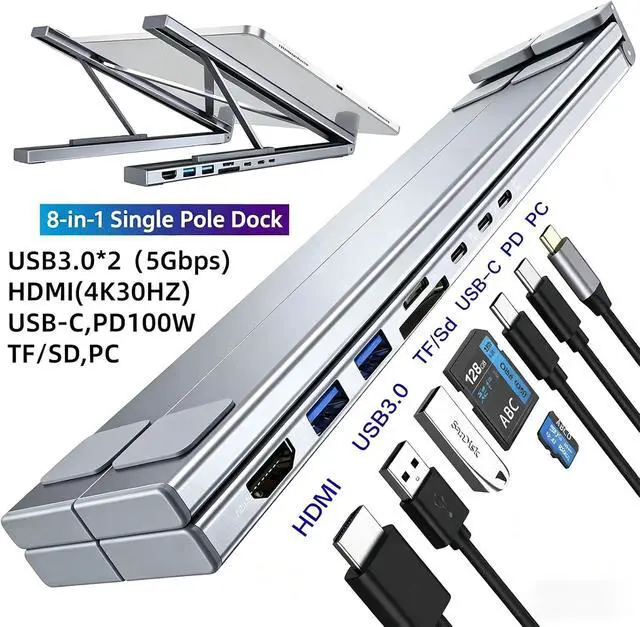 Alt view image 2 of 7 - 2026 New 8-in-1 Laptop Stand Docking Station with 4K HDMI, Dual USB-A 3.0, USB-C, 100W PD Charging, SD/TF Card Reader