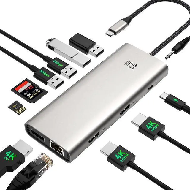 Main image of USB C Docking Station Dual Monitor Adapter for Dell HP, Laptop Docking Station 3 Monitors Quad Display USB C Hub Dongle to 4K HDMI+DP,4 USB2.0,100W PD,2.5G Ethernet,12 in 1Dock for Lenovo,Surface