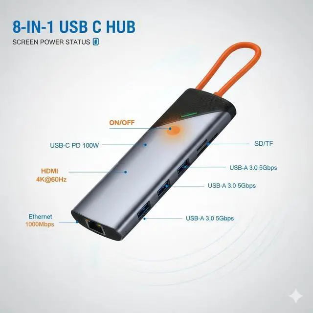 Alt view image 2 of 7 - USB-C Docking Station,Type-C Hub with 4K@60Hz HDMI, 3 USB 3.0 Ports, Gigabit Ethernet, SD/TF Card Reader, 87W PD Charging, Compatible with HP, ThinkPad, Lenovo, MacBook Pro (8-in-1)