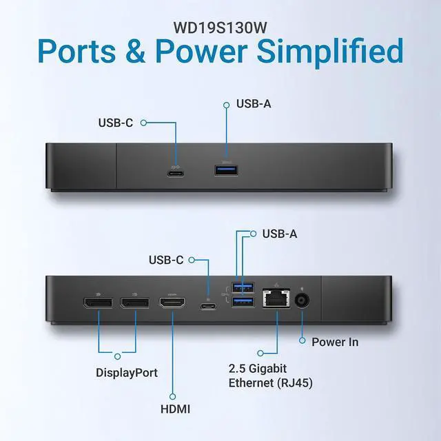 Alt view image 3 of 5 - WD19S Docking Station 130W USB-C Dock, Dual 4K Display 60Hz, Latitude Precision XPS, 130W Power Delivery, 5 USB Ports, Gigabit Ethernet, HDMI 2 DisplayPort (WD19S130W)