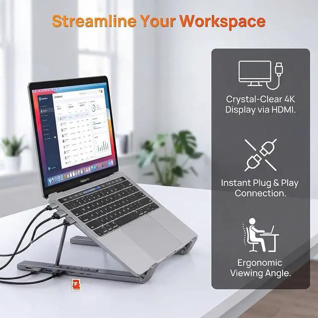 Alt view image 4 of 7 - 2026 New 8-in-1 Laptop Stand Docking Station with 4K HDMI, Dual USB-A 3.0, USB-C, 100W PD Charging, SD/TF Card Reader
