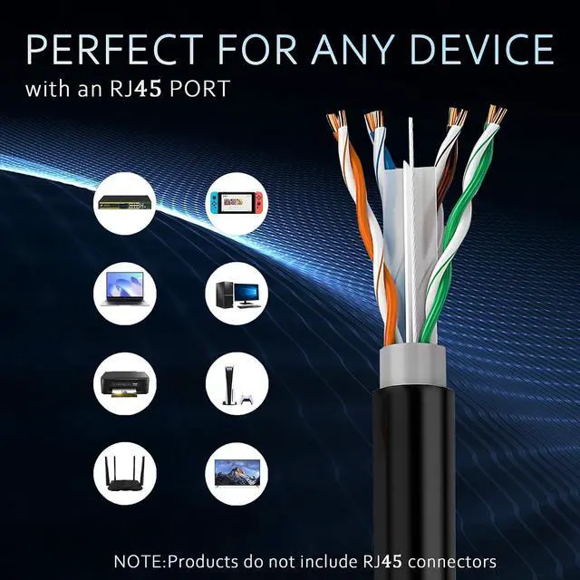 Alt view image 5 of 7 - Outdoor Cat 6 Ethernet Cable 1000ft 23AWG Solid Bare Copper 550MHz Waterproof UV Resistant PoE++ Direct Burial Network Internet Cable Wooden Axle Bulk, Black