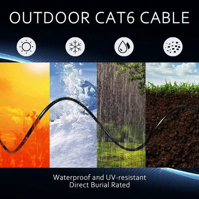 Alt view image 6 of 7 - Outdoor Cat 6 Ethernet Cable 1000ft 23AWG Solid Bare Copper 550MHz Waterproof UV Resistant PoE++ Direct Burial Network Internet Cable Wooden Axle Bulk, Black