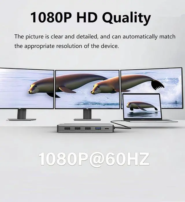 Alt view image 4 of 7 - 12-in-1 USB C Docking Station, 4K@60Hz Triple Display HDMI/VGA, 4X USB Ports, Gigabit Ethernet, 100W PD, SD/TF Card Reader, for Laptop/Desktop