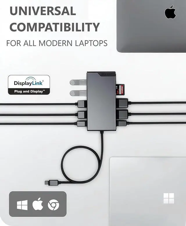 Alt view image 7 of 7 - 12-in-1 USB C Docking Station, 4K@60Hz Triple Display HDMI/VGA, 4X USB Ports, Gigabit Ethernet, 100W PD, SD/TF Card Reader, for Laptop/Desktop