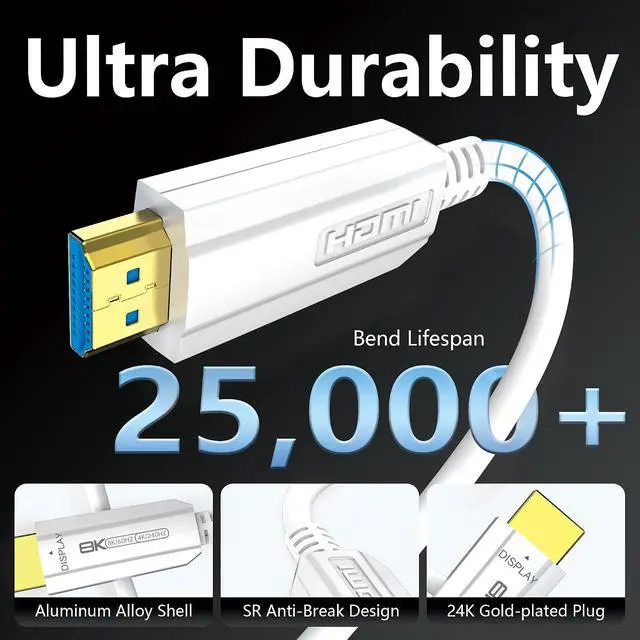 Alt view image 6 of 7 - Fiber Optic HDMI Cable 50FT, 8K Long HDMI 2.1 Cable, 48Gbps White HDMI Cable 8K@60Hz 4K@120Hz, Dynamic HDR, eARC, HDCP 2.2&2.3, 3D, for Laptop, PC, Monitor, PS5, PS4, Xbox, HDTV, Projector