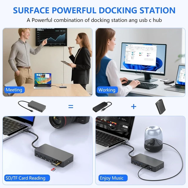 Alt view image 6 of 7 - Surface Thunderbolt 4 Docking Station, Triple Display via HDMI, VGA & DP with Power Adapter, Surface Dock Compatible with Surface Pro 12/11/10/9/8/X/7 & Surface Laptop 5/4/3, Surface Go, Studio
