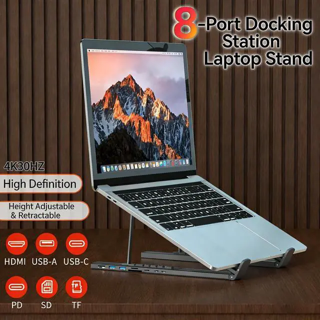 Alt view image 2 of 7 - USB-C Docking Station Laptop Stand with 4K HDMI, 8 in 1 USB C Laptop Docking Station Stand, Portable Adjustable Computer Holder with USB 3.0, PD 100w, Multiport Adapter for Notebook Tablet (1Pcs)