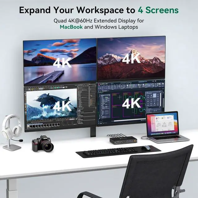 Alt view image 3 of 7 - Thunderbolt Docking Station 4 Monitors 4K@60Hz for M1 M2 M3 M4 MacBook Pro/Air with DisplayLink Technology, 15 in 1 USB C Dock with 4 HDMI PD 100W, USB 3.2 10 Gbps