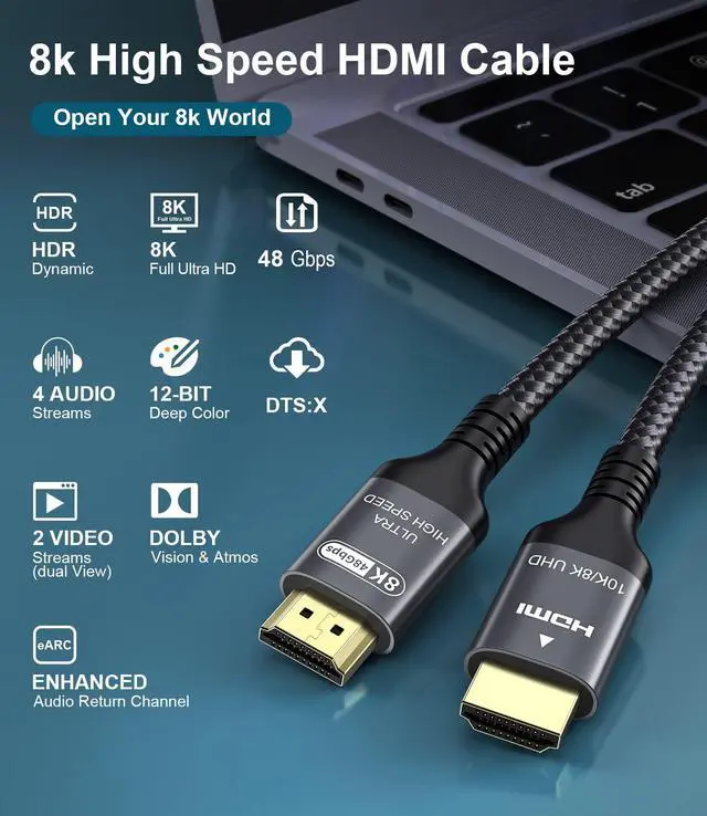 Alt view image 5 of 5 - Adauxter 8K 4K HDMI Cable 50 FT, HDMI to HDMI Cord with Ethernet CEC 4K 120Hz 95Hz 8K 60Hz eARC eARC Netflix HDCP2.3 HDR10+ PC Laptop RTX5090 TV Monitor Projector X-Box PS5