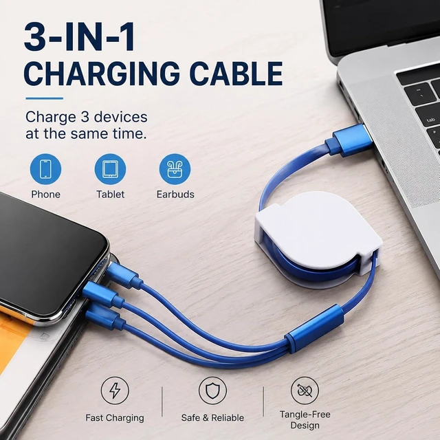 Alt view image 2 of 7 - Custom 3-in-1 retractable charging cable with full-color logo printing