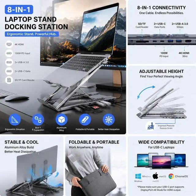 Alt view image 3 of 7 - 2026 Now 8-in-1 Laptop Docking Station with Stand, USB-C Hub, HDMI 4K, USB 3.0, PD 100W, SD/TF Card Reader, Aluminum Alloy (1)