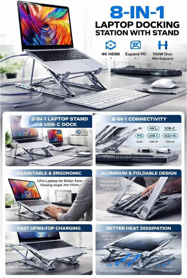 Alt view image 5 of 7 - 2026 Now 8-in-1 Laptop Docking Station with Stand, USB-C Hub, HDMI 4K, USB 3.0, PD 100W, SD/TF Card Reader, Aluminum Alloy (1)