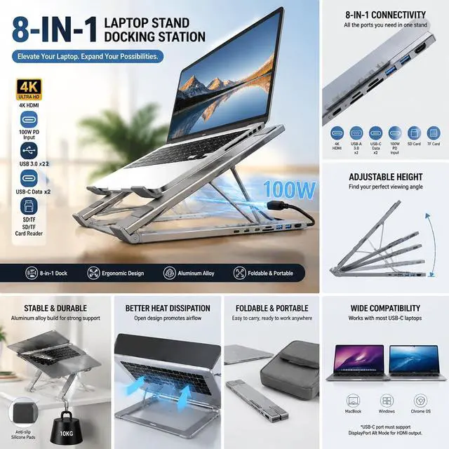 Alt view image 4 of 7 - 2026 Now 8-in-1 Laptop Docking Station with Stand, USB-C Hub, HDMI 4K, USB 3.0, PD 100W, SD/TF Card Reader, Aluminum Alloy (1)