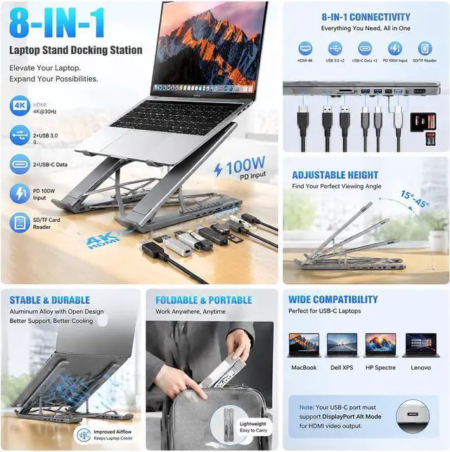 Alt view image 6 of 7 - 2026 Now 8-in-1 Laptop Docking Station with Stand, USB-C Hub, HDMI 4K, USB 3.0, PD 100W, SD/TF Card Reader, Aluminum Alloy (1)