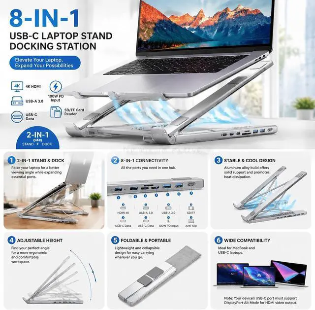 Alt view image 7 of 7 - 2026 Now 8-in-1 Laptop Docking Station with Stand, USB-C Hub, HDMI 4K, USB 3.0, PD 100W, SD/TF Card Reader, Aluminum Alloy (1)