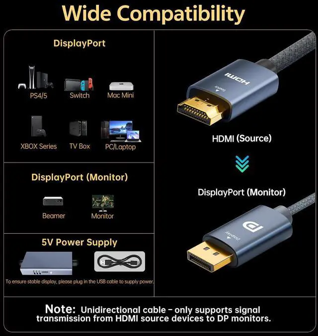Alt view image 6 of 7 - 4K@120Hz Active HDMI to DisplayPort Cable 6.6FT | Supports 2K@240Hz, HDR, VRR, 10Bit, HDCP Compatible: PS5, Xbox, Switch Dock, PC, Laptop.