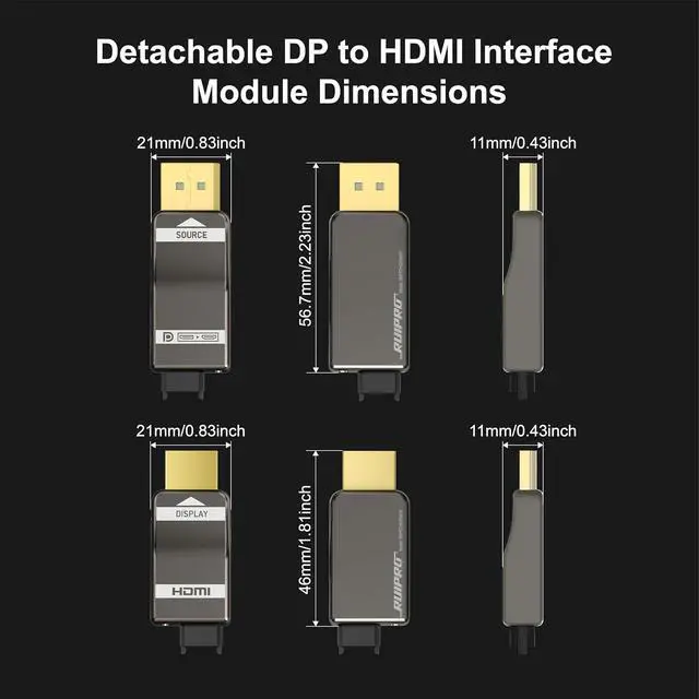 Alt view image 2 of 6 - RUIPRO 8K Detachable Full Fiber Optic Armored DisplayPort to HDMI Cable, 50FT, DP 1.4 to HDMI 2.1, 8K@60Hz, 4K@144Hz, HDR10+, VRR, HDCP 2.3, Uncompressed, for Gaming PC, RTX 4090/4080, Monitor, TV