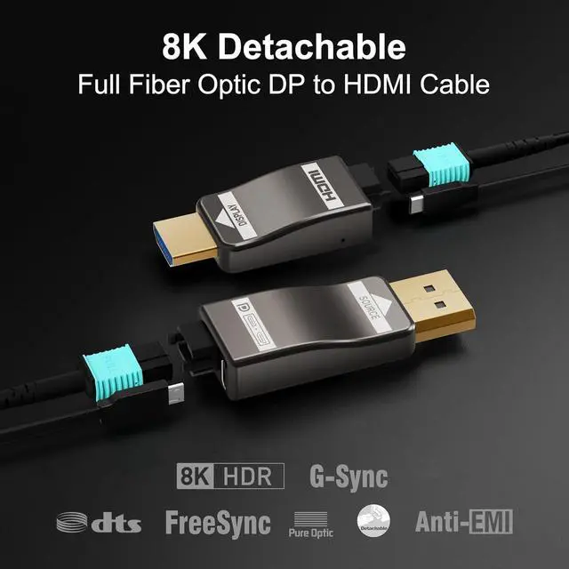 Alt view image 3 of 6 - RUIPRO 8K Detachable Full Fiber Optic Armored DisplayPort to HDMI Cable, 50FT, DP 1.4 to HDMI 2.1, 8K@60Hz, 4K@144Hz, HDR10+, VRR, HDCP 2.3, Uncompressed, for Gaming PC, RTX 4090/4080, Monitor, TV