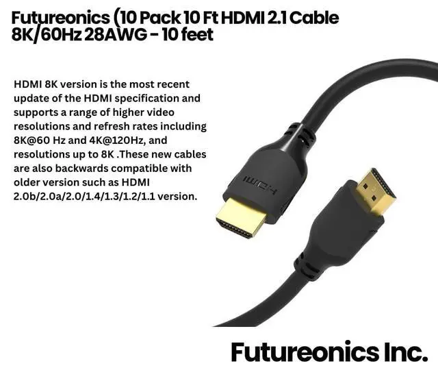Alt view image 2 of 4 - (10 Pack 10 Ft HDMI 2.1 Cable 8K/60Hz 28AWG - 10 feet