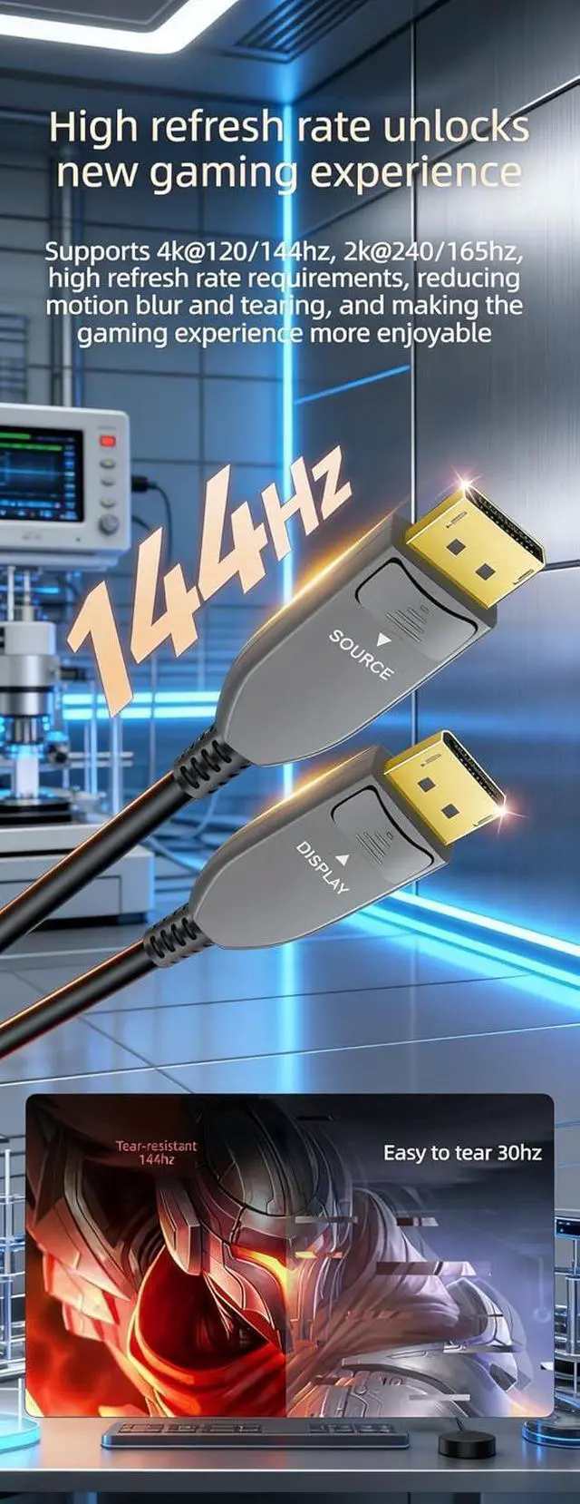 Alt view image 3 of 7 - 16K Fiber Optic DisplayPort Cable, Active DP Cable, 40Gbps Display Port Cord Support 16K@30Hz, 10K@30Hz, 8K@60Hz, 4K@165Hz, HDR, HDCP2.2, DSC 1.2a for Gaming Monitor PC (150ft)