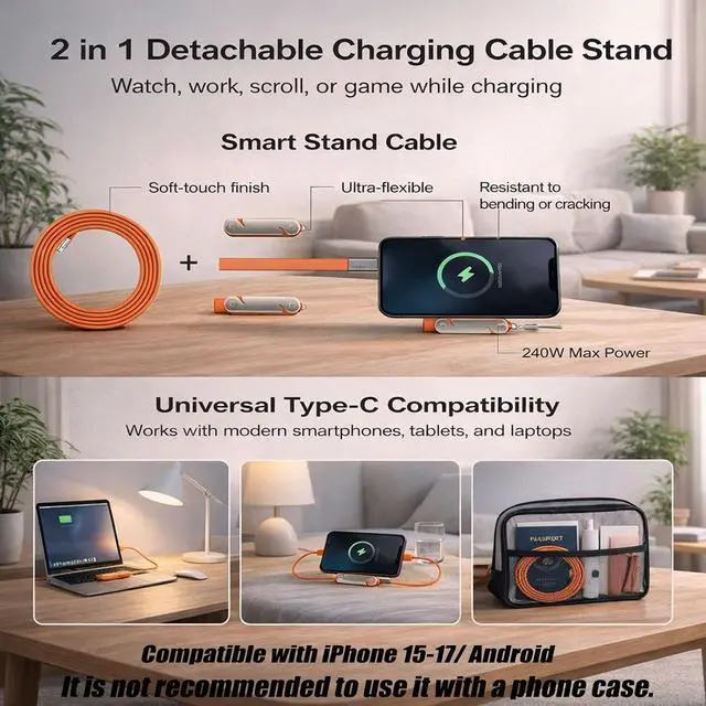 Alt view image 3 of 7 - Invisible Holder Charger Cable with Stand, 2-in-1 Detachable Phone Stand & Durable Type-C Cord, 240W Super Fast Power Delivery for Mobile Gaming, Compatible with iPhone and Samsung