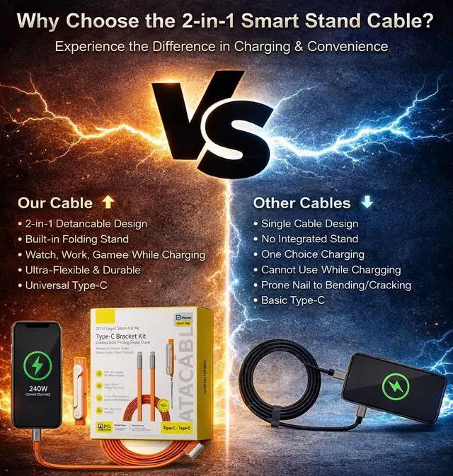 Alt view image 5 of 7 - Invisible Holder Charger Cable with Stand, 2-in-1 Detachable Phone Stand & Durable Type-C Cord, 240W Super Fast Power Delivery for Mobile Gaming, Compatible with iPhone and Samsung