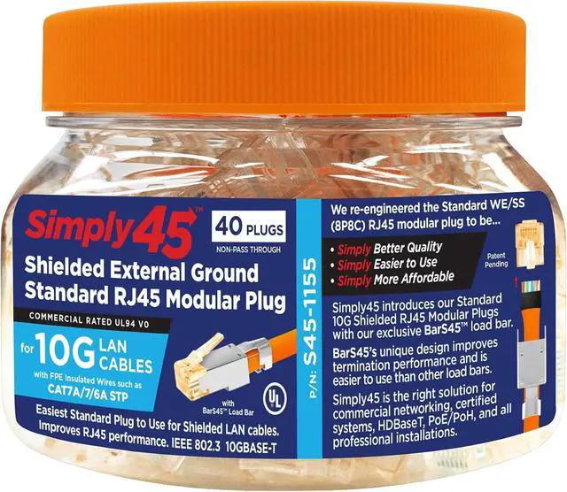 Alt view image 5 of 6 - Simply45 Standard RJ45 Modular Plugs for 10G Cat7a/7/6a Shielded, External Ground with Bar45 Orange Tint - 50pcs/Jar