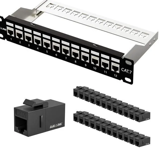 Main image of iwillink Patch Panel 12 Port, RJ45 Through Coupler Cat7 Patch Panel STP Shielded with Back Bar, 10'' Wallmount or Rackmount, Compatible with Cat5, Cat5e, Cat6, Cat6A, Cat7 Cabling and Ethernet Couple